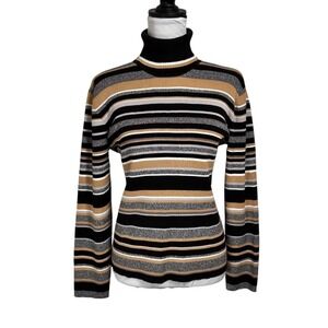 90s Striped Ribbed Knit Turtleneck Sweater Sz XL Chunky‎ Academia Preppy Vintage